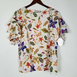 Harlow & Rose Women's Top Size S White Floral‎ Blouse Layered Sleeve Modest New